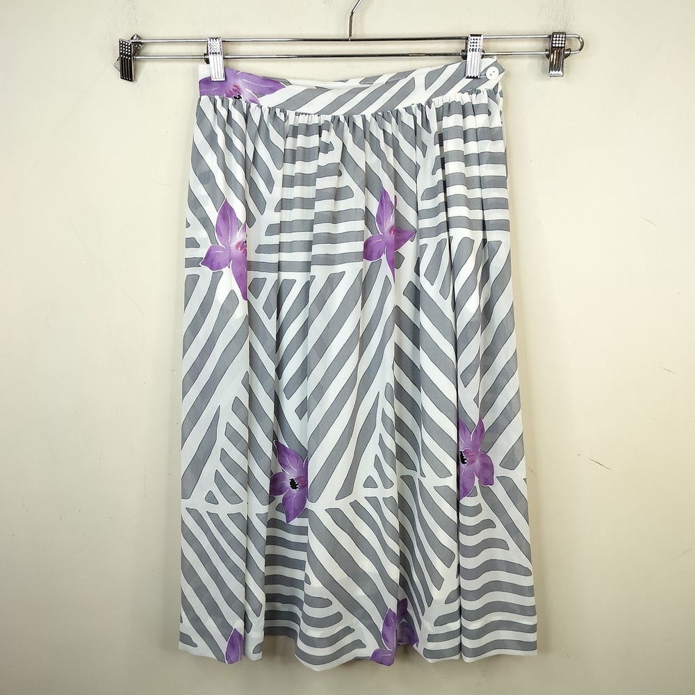 Campus Casuals Vintage Flowy Midi Skirt Small Grey Geometric Floral Chiffon Mod